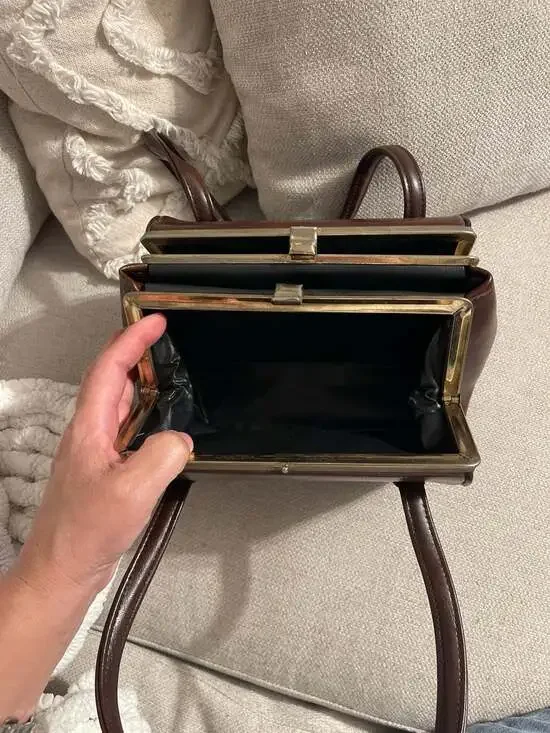 Vintage 1950s Ackery Brown Leather Triple Compartment Frame Handbag - Picture 7 of 9